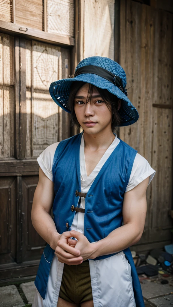 (masterpiece),(best quality:1.0), (ultra highres:1.0), detailed illustration, 8k, anime, masterpiece, wearing a wide blue hat over head, detailed hat, best quality,(wanderer:1.2), letterboxed, (genshin impact), 1boy, male focus, solo, vest,(kbxll:0.5), anime style, vibrant