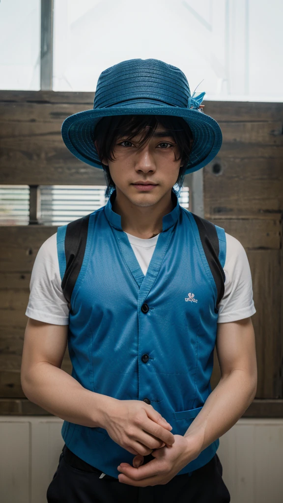 (masterpiece),(best quality:1.0), (ultra highres:1.0), detailed illustration, 8k, anime, masterpiece, wearing a wide blue hat over head, detailed hat, best quality,(wanderer:1.2), letterboxed, (genshin impact), 1boy, male focus, solo, vest,(kbxll:0.5), anime style, vibrant
