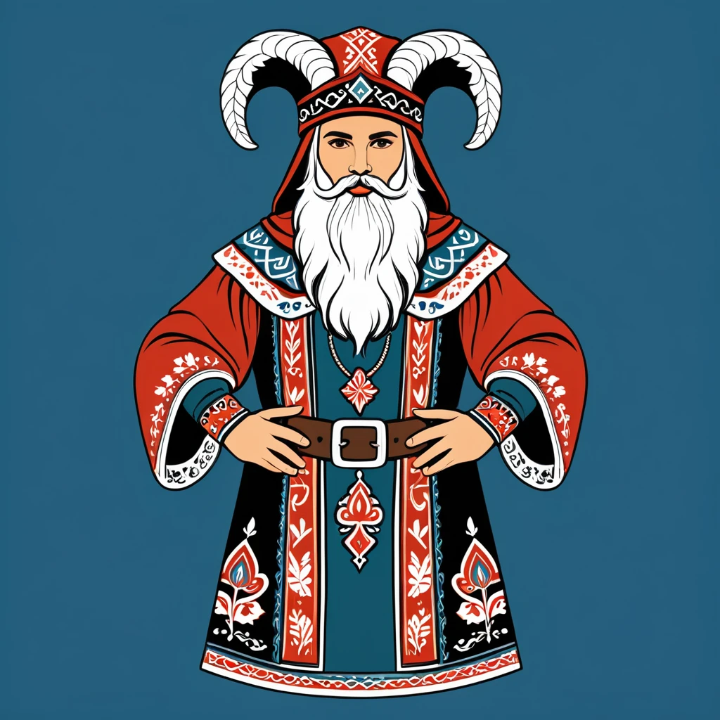 hungarian enchanter in nordic folk outfit, vector graphics, strong contours