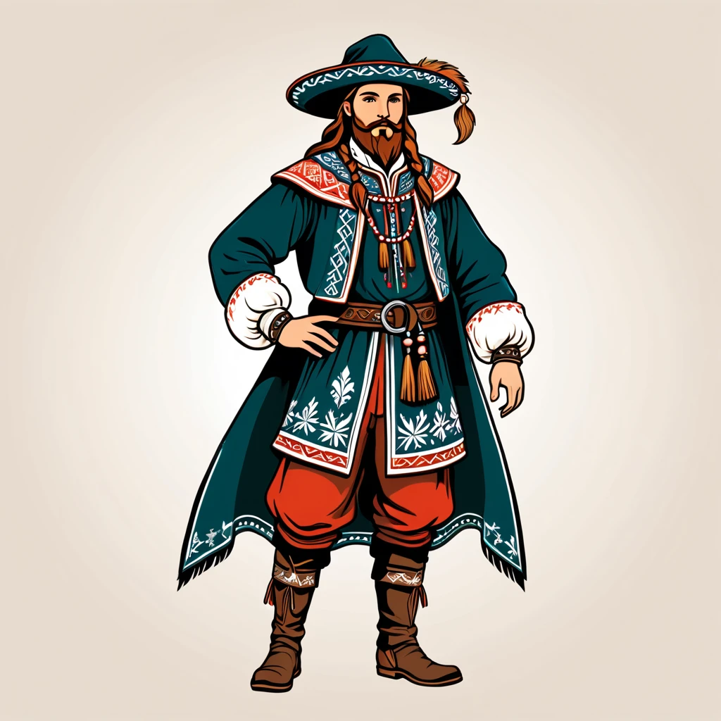 hungarian enchanter in nordic folk outfit, vector graphics, strong contours