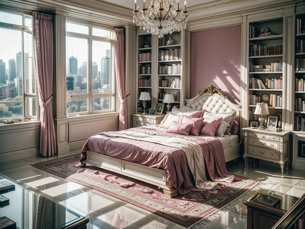 High-resolution images，Glass House，Glass House，Large floor-to-ceiling windows，There is a pink bed in the room，curtain，TV set，bookshelf，Bookcase with many books，table。The wall is glass window， The most important thing in the room is a big bed，The window is the villa garden，City skyscrapers