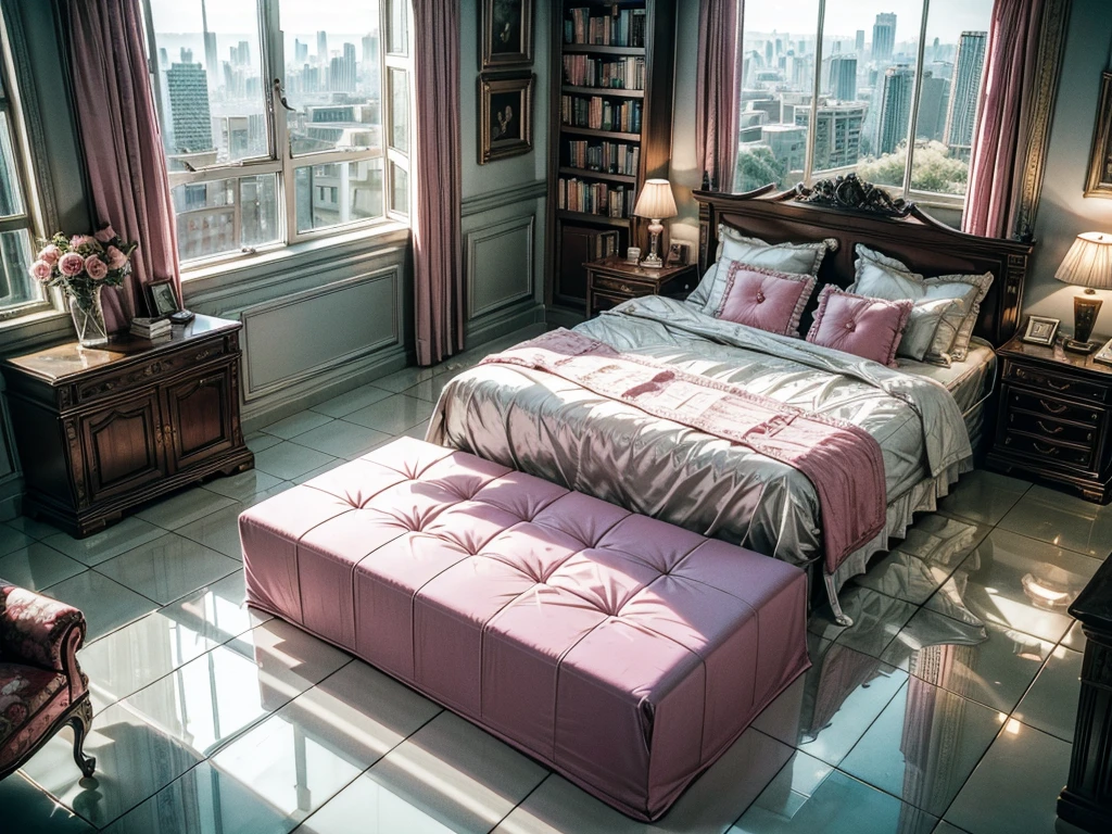 High-resolution images,Glass House,Glass House,Large floor-to-ceiling windows,There is a pink bed in the room,curtain,TV set,bookshelf,Bookcase with many books,table。The wall is glass window, The most important thing in the room is a big bed,The window is the villa garden,City skyscrapers