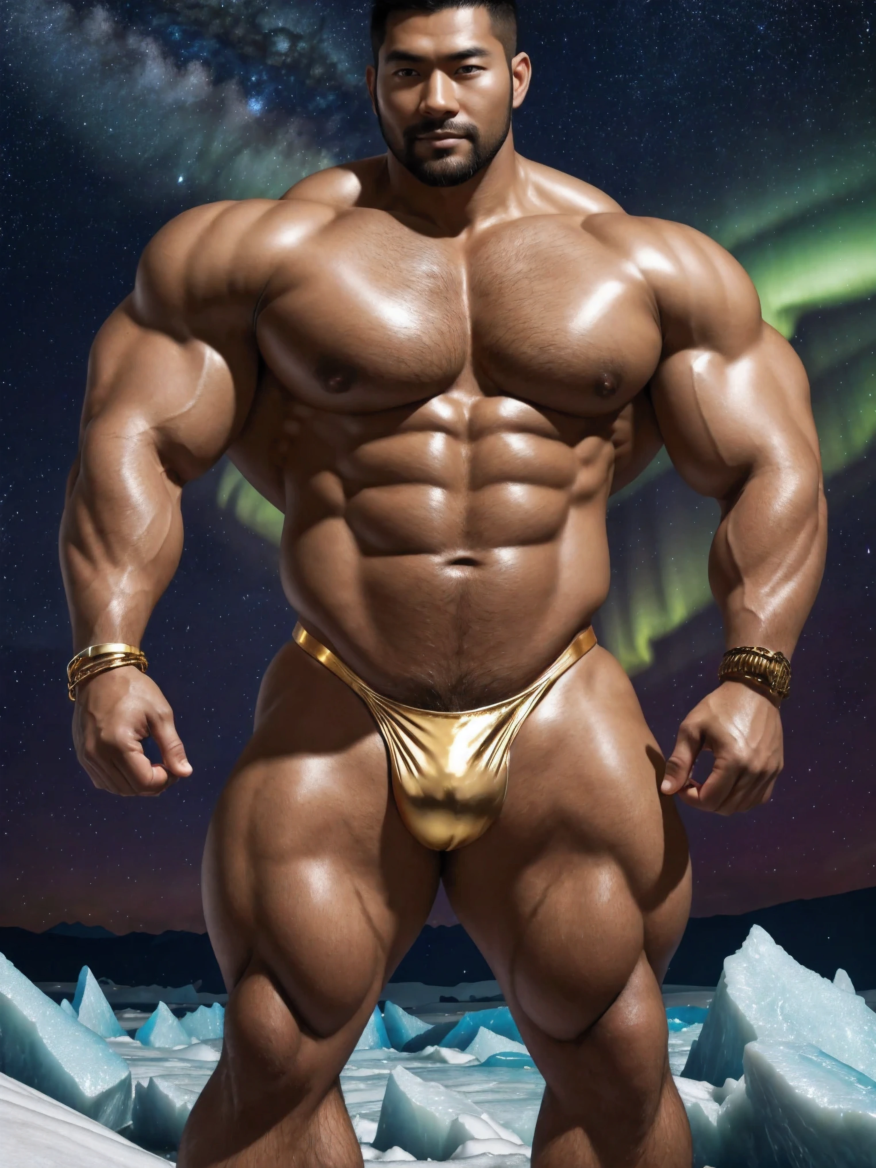There is only one handsome Chinese man in the photo,35 years old,tall, Fitness,Smooth body,Smooth skin,No chest hair,short hair, O-Shaped Beard,Perfect body, Dark skin color,Radiant Skin,Smooth skin,Shiny, shiny skin,Smooth pectoral muscles,Muscle bulge, muscular, Very large pectoral muscles,Very sexy abdominal muscles,Very well-developed leg muscles,Huge concave and convex area,Brightens oily skin,Wearing a shiny gold leather thong,Handsome face,Normal human toes,Correct and accurate male body proportions,Gold Collar,Gold bracelet,Gold anklets,Stand on a glacier,Night sky,A sky full of stars,There are auroras,Colorful,Charming dream scene,Epic。