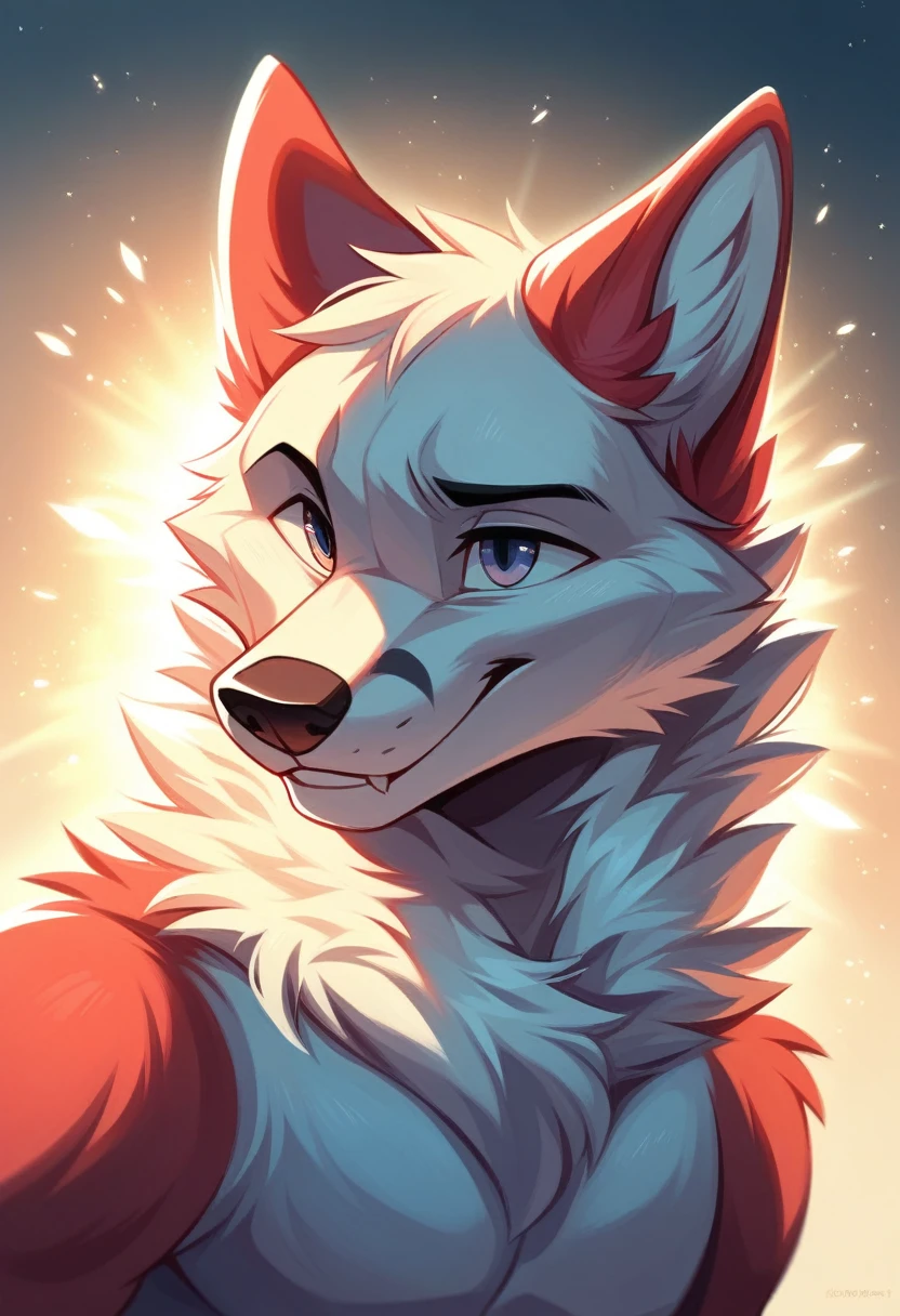 solo male, white fox, furry, smiling, red fur, Black fur stripe, netral, Traumatized face, dynamic lighting, illustration, beautiful, particles (high quality,4k,8k,highres,masterpiece:1.2), ultra-detailed, impressionistic:colorful,]