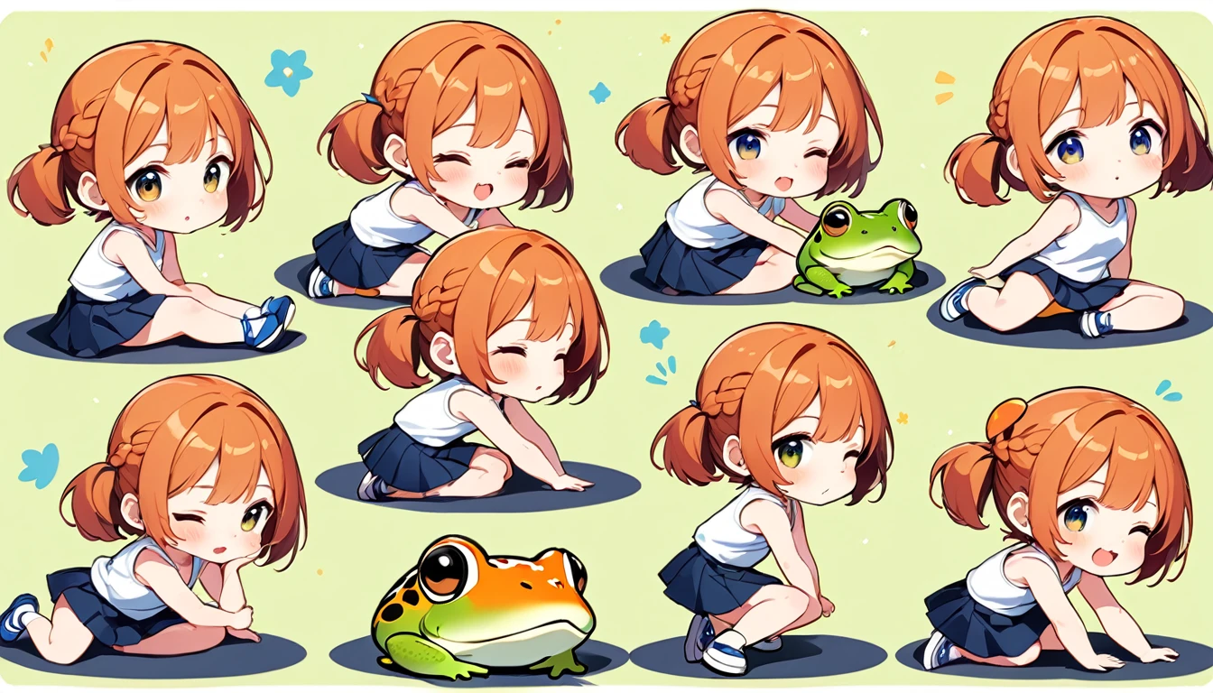 Highest quality、High resolution、Detailed Background、Beautiful face in every detail、Anatomically correct、Detailed facial expressions、fine grain、((full body, side view)), ((One Girl))、Chibi Girl、Cute hair color、Braided twin tails、Elementary school, (Tank top、Vneck、mini skirt、Cute Shoes)、break Lying down and shaking his legs、Coming face to face with a giant baby frog、I'm afraid to touch it、I have a lot of tears in my eyes、An expression that looks like it's about to cry、Close up hands、There is a small frog on his head、