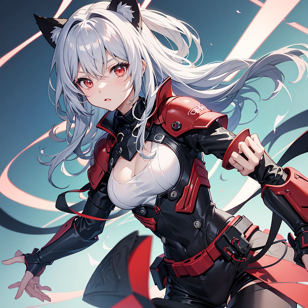 Anime style cat ears girl(Cat ears)Please draw。彼女はredいアクセントのある猫耳をしています。redと白の機械仕掛けのドレスを着ています。On her whole body、red、black、It has a large mechanical arm with blue highlights.、Looks like a piece of combat gear。Her hair is silver。Her eyes are slanted。I'm desperate.。Show the whole body。She is lying on her back, throwing her whole body out.。In the dilapidated ruins。Belly button visible design。