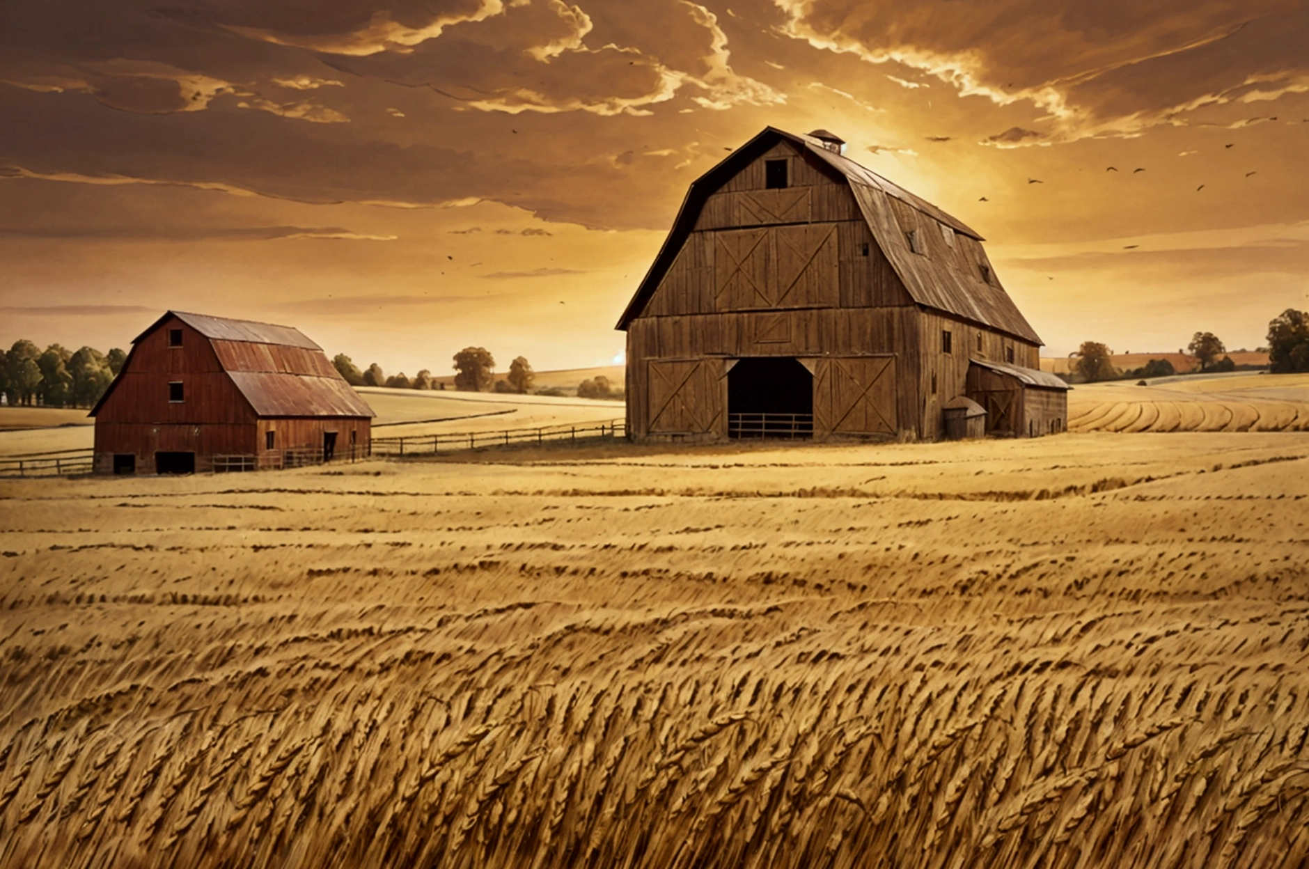 A wheat field with a barn in the center. Perfect and realistic image