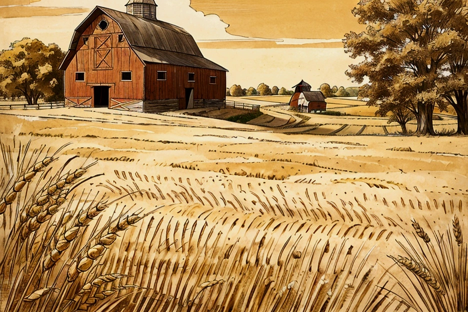 A wheat field with a barn in the center. Perfect and realistic image