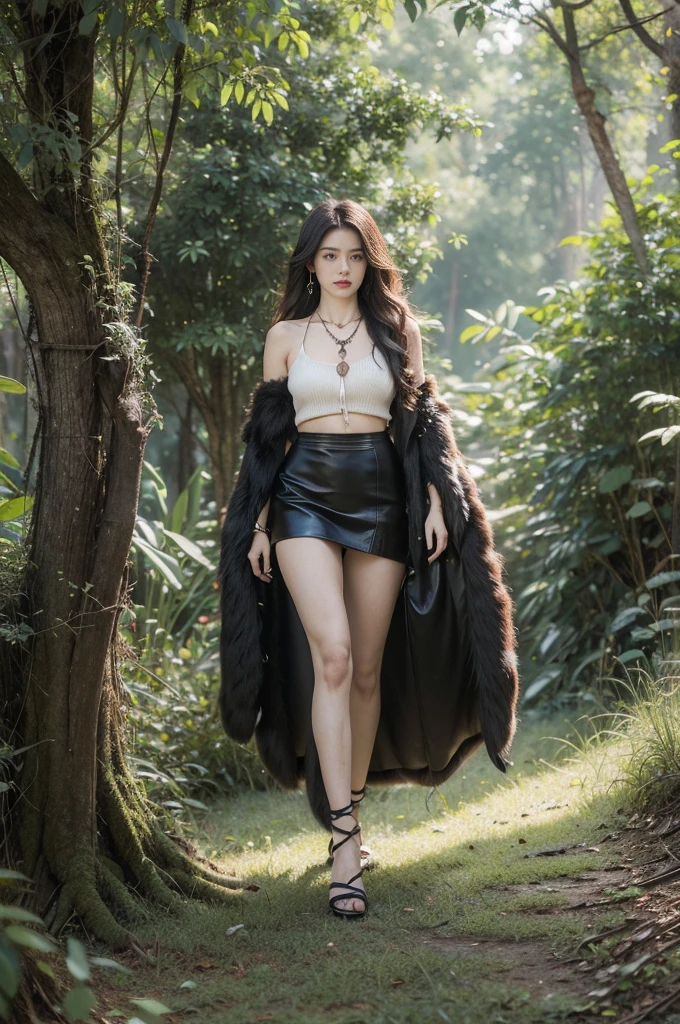 (((best quality))),(((ultra detailed))),(((masterpiece))),illustration,1girl, young, cavewoman, primitive, appearance, striking, long unkempt hair, fiery glance, smudged charcoal, intimidating, wild, animal pelts, clothing, symbol, connection to nature, rough leather skirt, fur chest piece, exposed arms shoulders, simple sandals, woven bracelets, bone necklace, dark dense forest, towering trees, blocked sunlight, thick scent, earth foliage, animal rustling, out of place, home, long polished stick, outstretched hand, greeting challenge, fierce curious expression, contemplating modern world, primitive appearance, modern world, enigmatic, captivating, transformation, spirit ancient ancestors, natural world, strength, powerful reminder, natural world connection