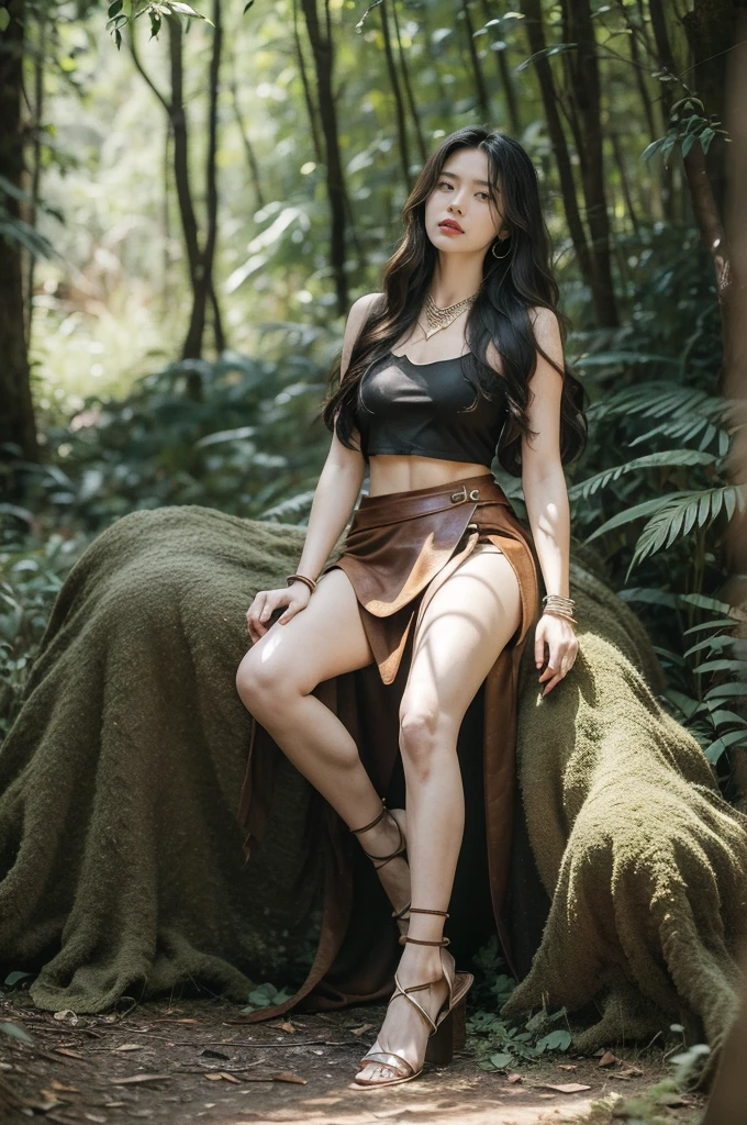 (((best quality))),(((ultra detailed))),(((masterpiece))),illustration,1girl, young, cavewoman, primitive, appearance, striking, long unkempt hair, fiery glance, smudged charcoal, intimidating, wild, animal pelts, clothing, symbol, connection to nature, rough leather skirt, fur chest piece, exposed arms shoulders, simple sandals, woven bracelets, bone necklace, dark dense forest, towering trees, blocked sunlight, thick scent, earth foliage, animal rustling, out of place, home, long polished stick, outstretched hand, greeting challenge, fierce curious expression, contemplating modern world, primitive appearance, modern world, enigmatic, captivating, transformation, spirit ancient ancestors, natural world, strength, powerful reminder, natural world connection