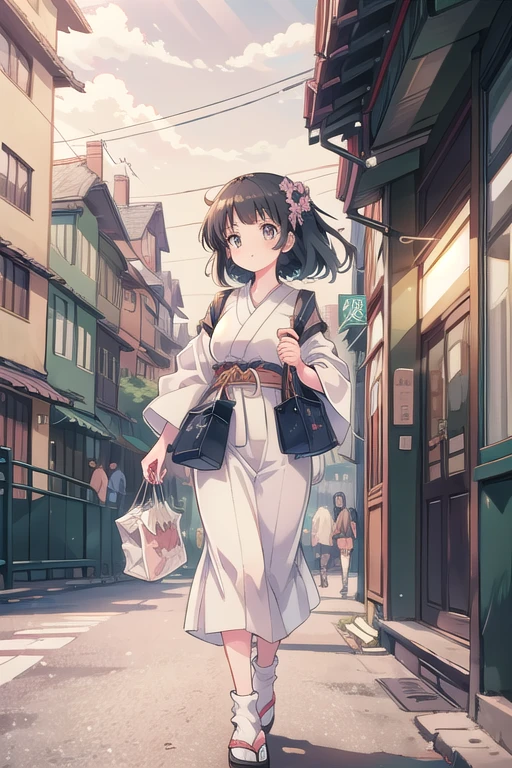 best quality,(masterpiece:1,2),highres,original,perfect lighting,extremely detailed wallpaper,(extremely detailed CG:1.2),Japanese manga style,Studio Ghibli,Hayao Miyazaki style,high saturation,rich details,A girl carrying a bag walking down the street,