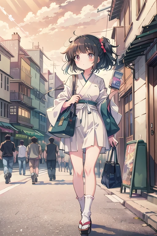 best quality,(masterpiece:1,2),highres,original,perfect lighting,extremely detailed wallpaper,(extremely detailed CG:1.2),Japanese manga style,Studio Ghibli,Hayao Miyazaki style,high saturation,rich details,A girl carrying a bag walking down the street,