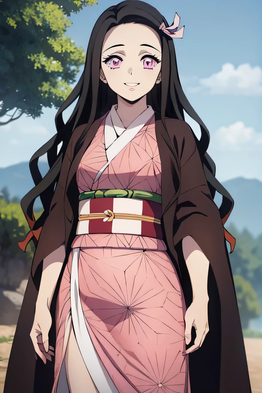 (masterpiece:1.3), (best quality:1.1), (8k, ultra detailed, ultra high res:1.2), ((anime style)), perfect 5 fingers, perfect anatomy, 1girl, Kamado Nezuko, long wavy black hair, pink eyes, ribbon, small breasts, pink kimono, brown haori, obi, beautiful detailed eyes, beautiful detailed lips, extremely detailed eyes and face, long eyelashes, smiling and looking at viewer, cowboy shot, outdoor setting, fantasy background