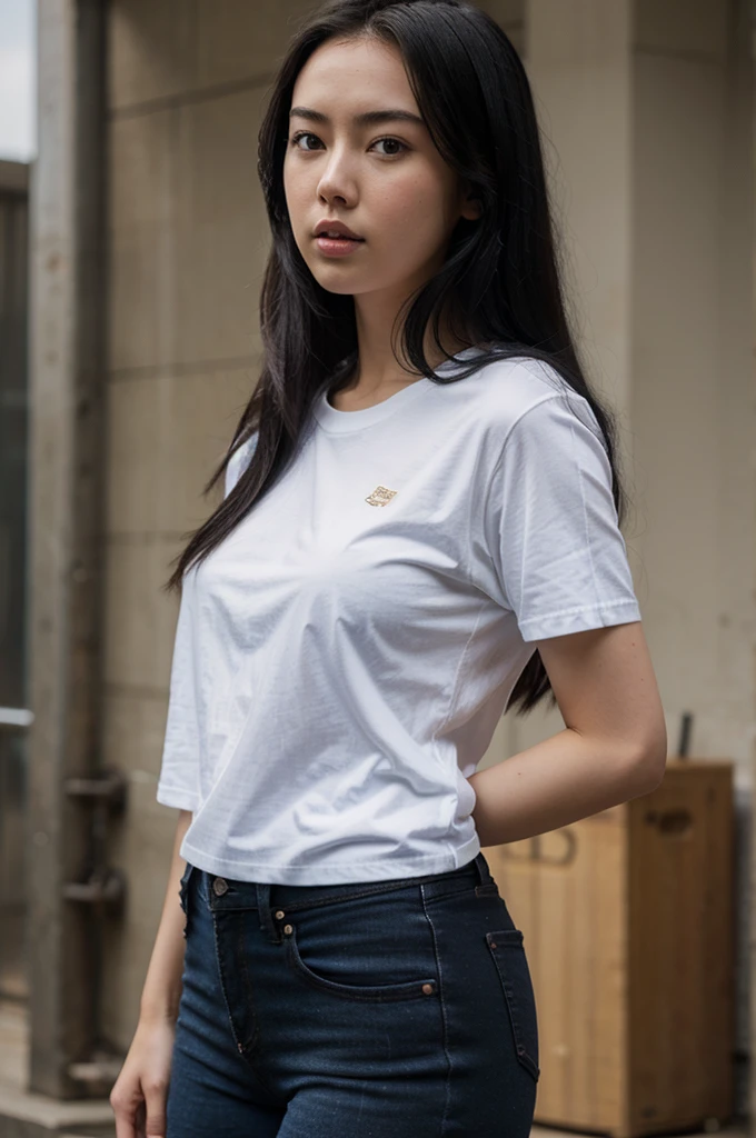 Jessica Henwick, black jaquet, white t-shirt, blue jeans, long black hair.