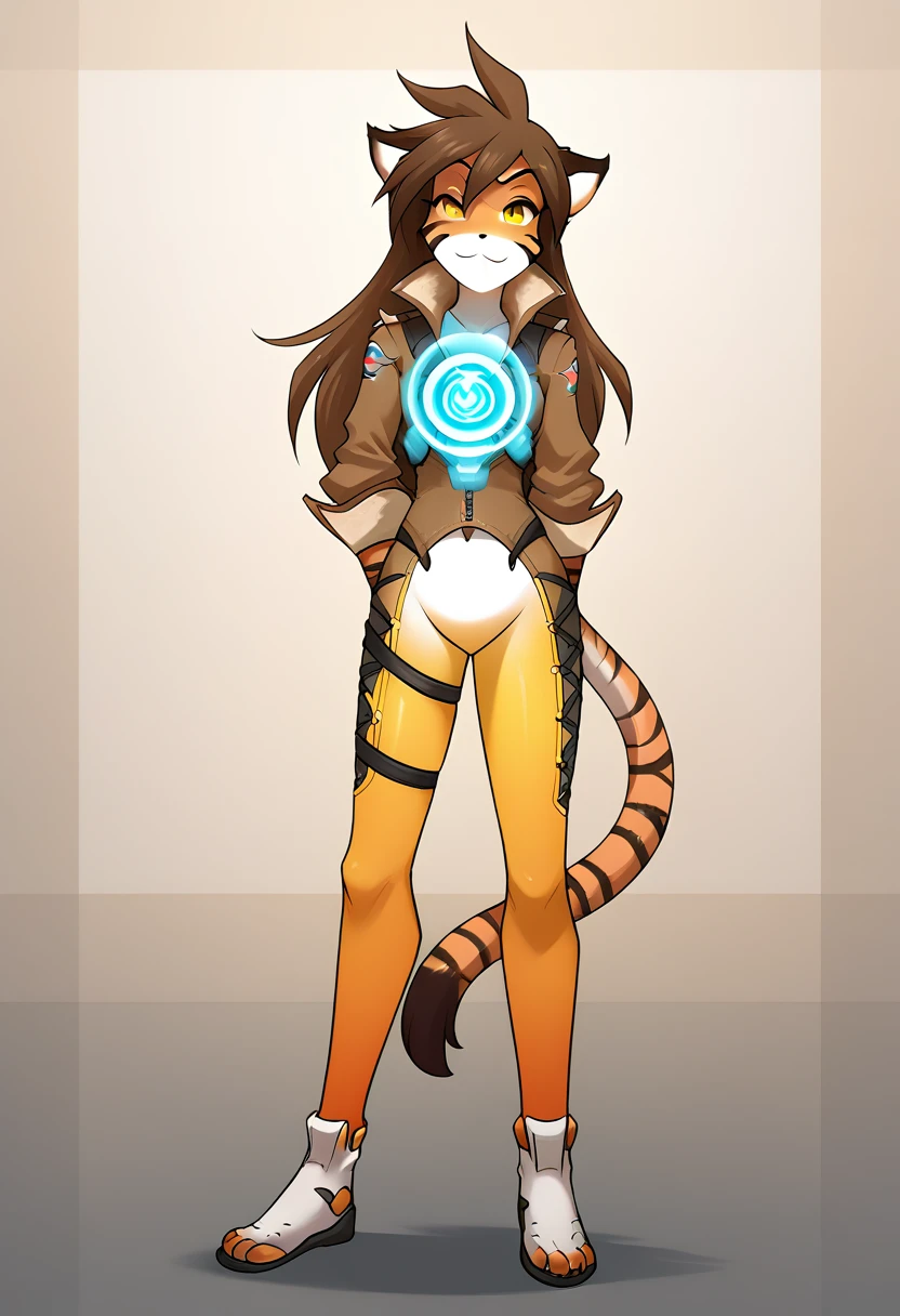 score_9, score_8_up, score_7_up, score_6_up, score_5_up, score_4_up, rating_explicit, source_furry, female, cute anthro female, cute face, detailed background, looking at viewer, solo, solo focus, (digital pen line-art, soft lines, soft shading, pinup, cartoon, anime:1.24), (tkflora, tiger, striped fur, keidran, yellow eyes, anthro:1.2), (tracer \(Overwatch), jumpsuit:1.2), , smile, smug, full body, long hair standing
