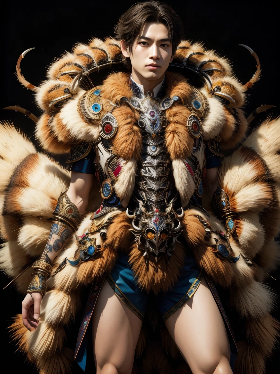 (high quality), (masterpiece), (detailed), 8K, Hyper-realistic illustration depicts (Japanese boy1.3) with striking features, dressed in intricate (tarantula attire1.2) that blends seamlessly with his skin. (Vibrant colors1.2) and (intricate details1.3) bring the character to life, showcasing the artist's exceptional skill. In style of Takashi Murakami, trending on Artstation.
