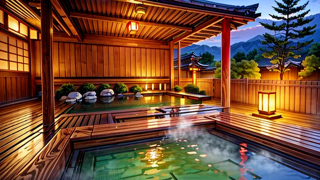 A spectacular view from the Japanese-style rooms of a ryokan、Summer Japanese traditional hot spring,  ((masterpiece)), Hot steam, Wooden bucket, forest, bamboo, Soft lighting, (masterpiece:1.2), (Highest quality)