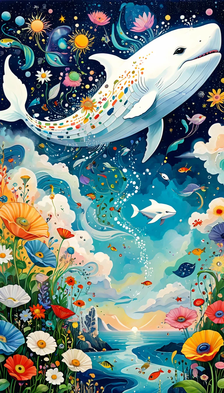 Children's graffiti,Artists from the stars,Child,joy, Flying white Whale:1.37、Eruption Cloud、flowesh、章fish触手瀑布。、bird、Eye、diatom,Abstract mosaic painting,Describing the inner world of autistic people,Large area of white,interesting,Innocence,Vision,Psychedelic Art,