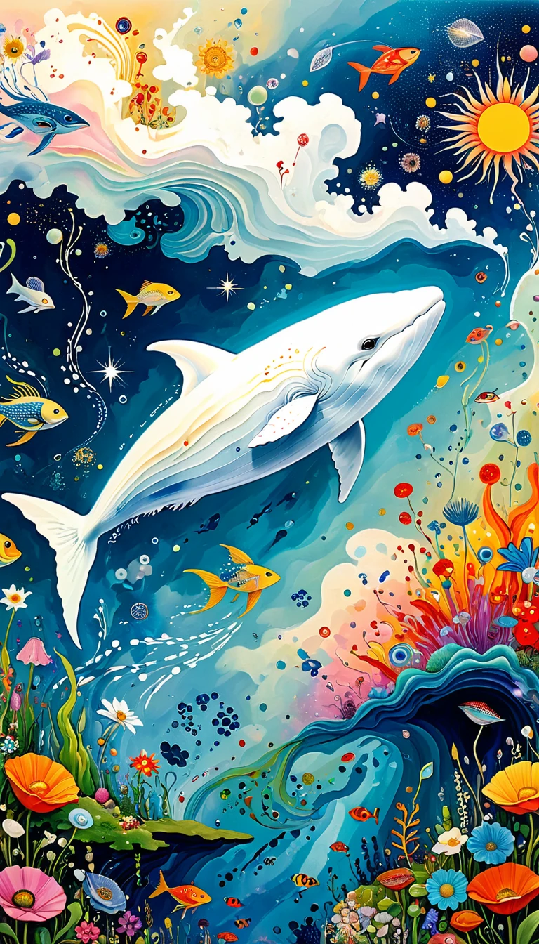 Children's graffiti,Thick coating，Concave and convex texture，Oil pastel strokes：Artists from the stars，Child，Flying Whale:1.37、Eruption Cloud、flowesh、章fish触手瀑布。、bird、(((Eye)))、diatom，Abstract mosaic painting，Describing the inner world of autistic people，Large area of white，interesting，Innocence，Vision，Psychedelic Art，
