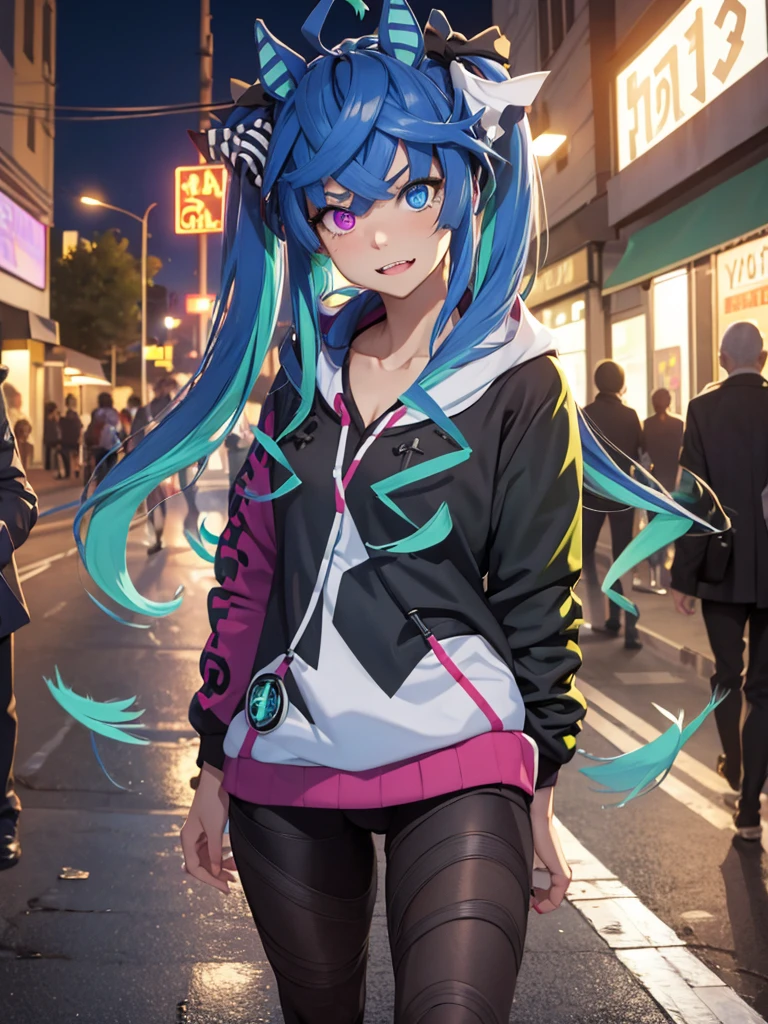 (Masterpiece, best quality, high res、highly detailed cg: 1), A very aggressive streetwalker with vulgar and unrefined manners and attire, forcefully soliciting a man. The man is a faceless background character. The scene is set on a quiet, sparsely populated street at night, with the streetwalker as the main focus. Twin_Turbo_Umamusume, aqua hair, twintails, heterochromia, purple eyes, blue eyes, sharp teeth,hores tails, nsfw, bitch, Seduction, Slutty face, 'Hey, hey, hey! You're looking for a girl to fuck anyway, aren't you?’