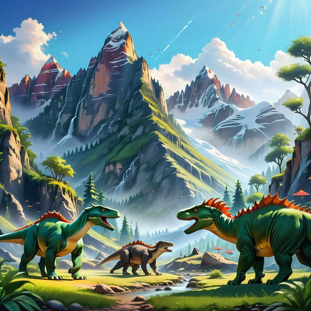 Dinosaurs on land amidst the mountains 