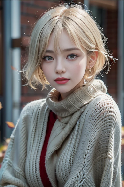 sitting on a park bench、(RAW shooting), (((Overall image)))、３５age、((Red sweater with high neck))、White scarf around neck、Long thin earrings、Round eyes、Cheek on ear、correct、make、smile、Biting the lower lip、（((Close one eye and wink)))、Soft lips、誘惑的なsmile、Sparkle、Darker lipstick、Cheek on nose、(Autumn leaves)、((Watery eyes))、Asymmetrical Hair、Real Skin、Blonde Hair、Very realistic,Gray Hair、Messy Hair、Hair behind the ear、Floating Hair、Short Hair、Boyish Hair、Blunt bangs、Drop Shadow、Hyperrealism、Contemporary Art、shine、reflected light、Ultra Wide Angle、16K、Super detailed、最high quality、uhd、Anatomically correct、Awards、最high quality、Ultra high detail、high quality、High resolution、Textured skin、correct、masterpiece、((Cold Pose：1))、(((Shoot from different distances and angles:1.5)))、Super close-up of the face