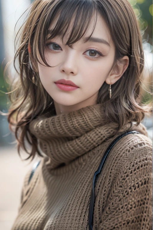 sitting on a park bench、(RAW shooting), (((Overall image)))、３５age、((Red sweater with high neck))、White scarf around neck、Long thin earrings、Round eyes、Cheek on ear、correct、make、smile、Biting the lower lip、（((Close one eye and wink)))、Soft lips、誘惑的なsmile、Sparkle、Darker lipstick、Cheek on nose、(Autumn leaves)、((Watery eyes))、Asymmetrical Hair、Real Skin、Blonde Hair、Very realistic,Gray Hair、Messy Hair、Hair behind the ear、Floating Hair、Short Hair、Boyish Hair、Blunt bangs、Drop Shadow、Hyperrealism、Contemporary Art、shine、reflected light、Ultra Wide Angle、16K、Super detailed、最high quality、uhd、Anatomically correct、Awards、最high quality、Ultra high detail、high quality、High resolution、Textured skin、correct、masterpiece、((Cold Pose：1))、(((Shoot from different distances and angles:1.5)))、Super close-up of the face