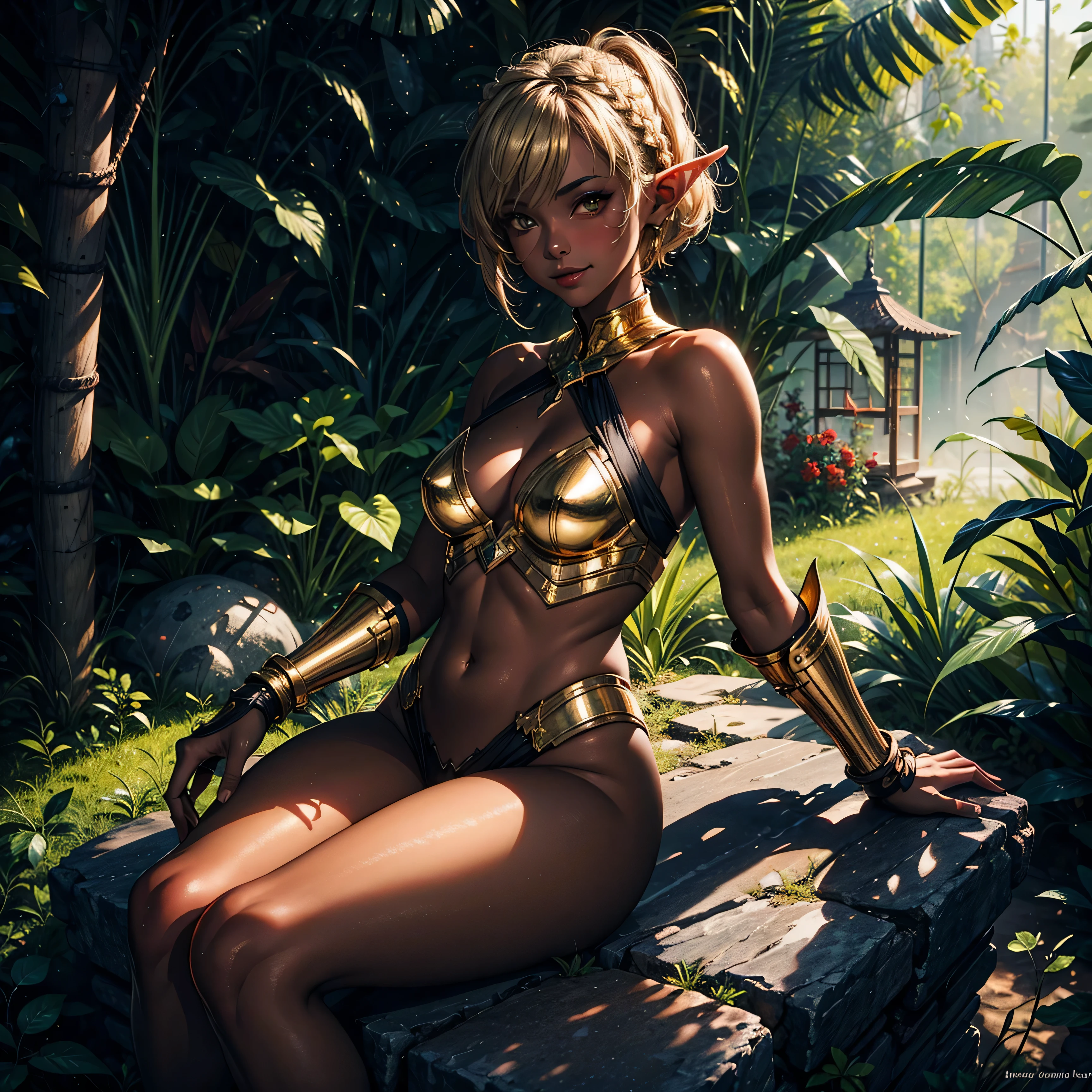 1girl, (solo), elf, short braids hair, gold hair, long pointed ears, ((gold eyes)), smile, arrogant, small breasts, tanned skin, gold armor, sword planted, sitting on a rock, jungle behind, medieval japanese town, (days), (very sexy body, detailed face, detailed eyes, masterpiece, highly detailed, 8k, best quality, vibrant colors, digital art, concept art)