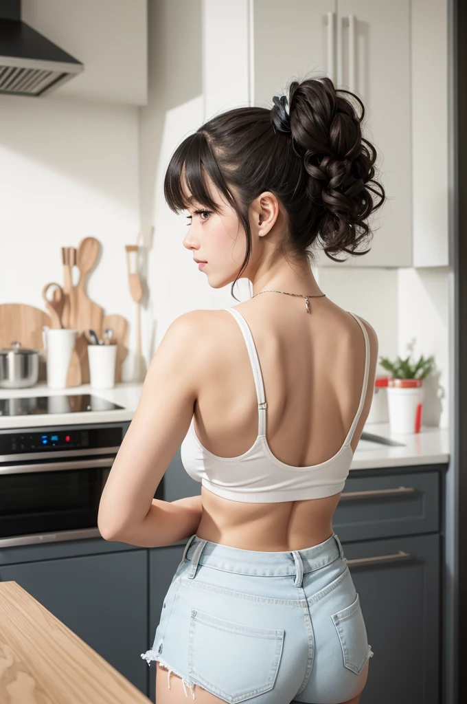 18 year old girl with a white shirt and short denim shorts and she is thin and her black curly hair and black eyes and white sneakers and the setting is the kitchen and she is dancing