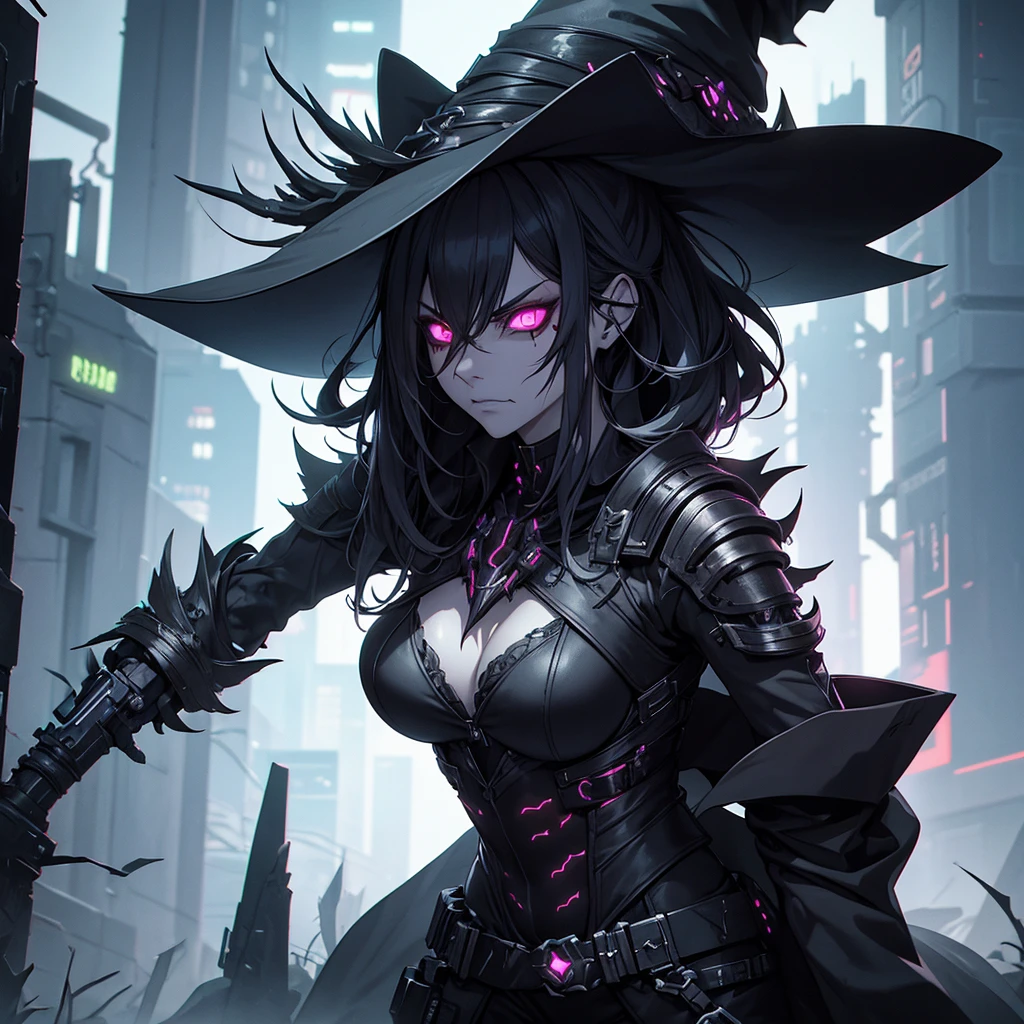 make a witch of a specialized race with necrotic skin, ugly and with a look of will and anger. she must have black and futuristic clothes. cyberpunk style, your skin should be green