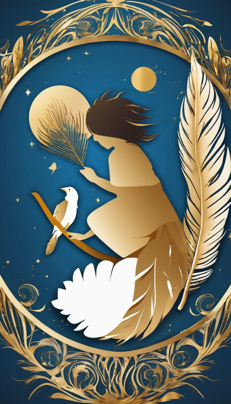 Create a cinematic, abstract symbol for a storytelling production brand based on stories and dreams called " Penamemoria". The logo should convey a fantasy theme and include the company of a boy and a feather. Fantastic, memorable, poetic, dreamy, sitting against a tree and playing guitar to a fantastic, unique, poetic white-blue-golden feather.