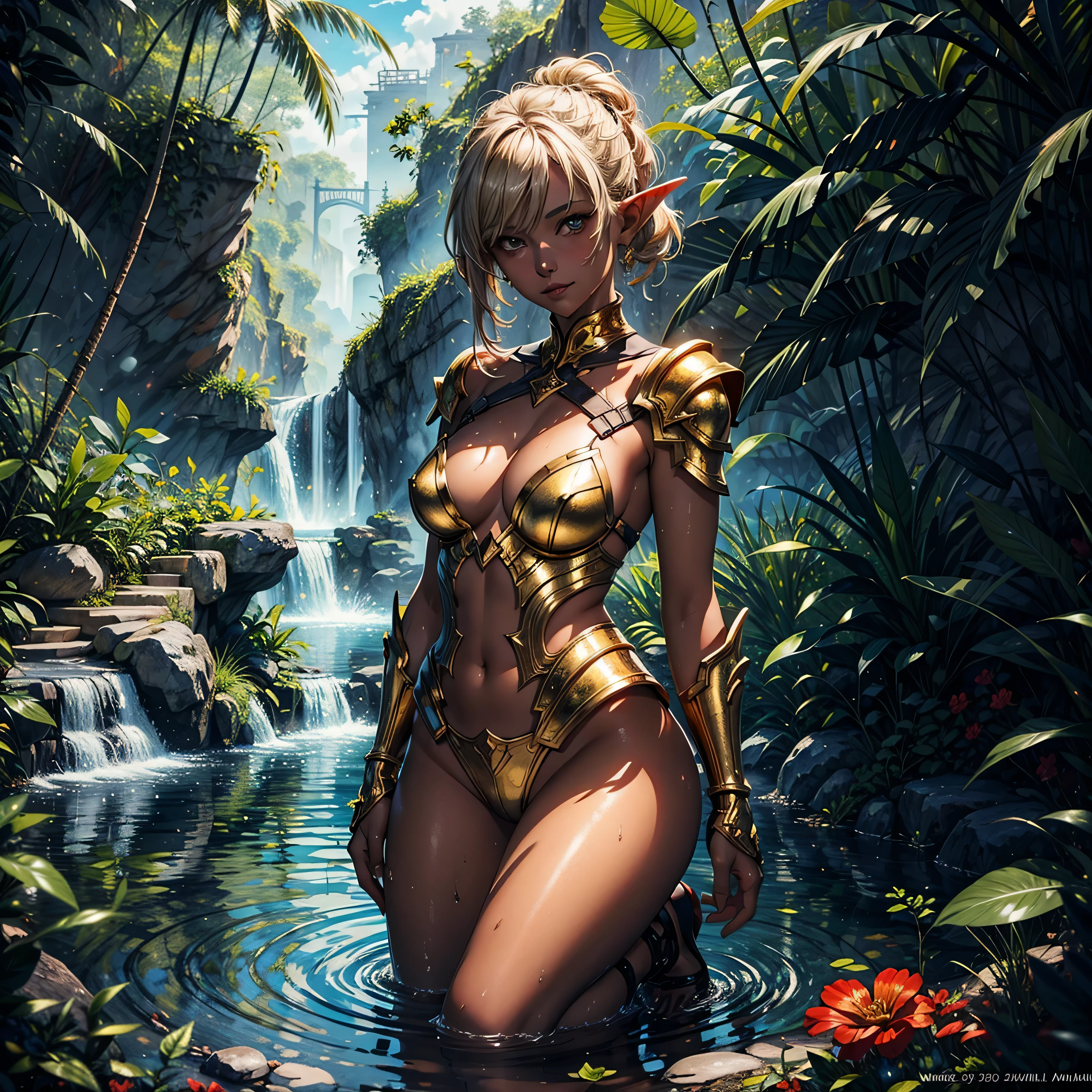 1girl, (solo), elf, short braids hair, gold hair, long pointed ears, ((gold eyes)), smile, arrogant, small breasts, tanned skin, gold armor, kneeling on water, jungle behind, medieval japanese town, (days), (very sexy body, detailed face, detailed eyes, masterpiece, highly detailed, 8k, best quality, vibrant colors, digital art, concept art)