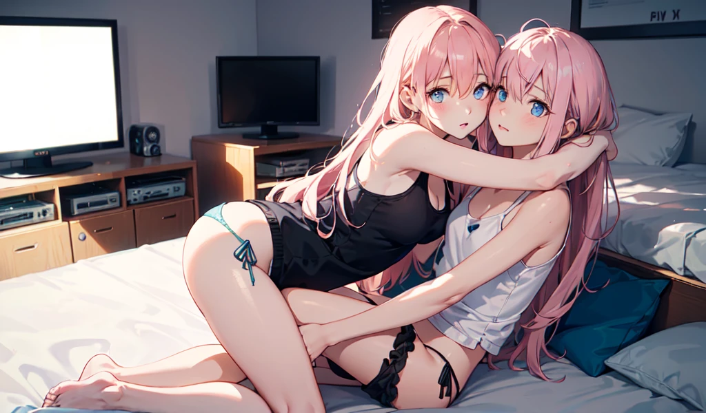 alone, woman, software, extremely expensive, expensive:1.3, Long, messy hair, Tied Hair, Light pink hair, blue eyes, (((Sagging under the eyes)), Tank top, Very slim, Medium chest, Bedroom, Dark cluttered room, neat, glowing tv screen, Hug your knees, panties, From below, perspective, Shorthand 