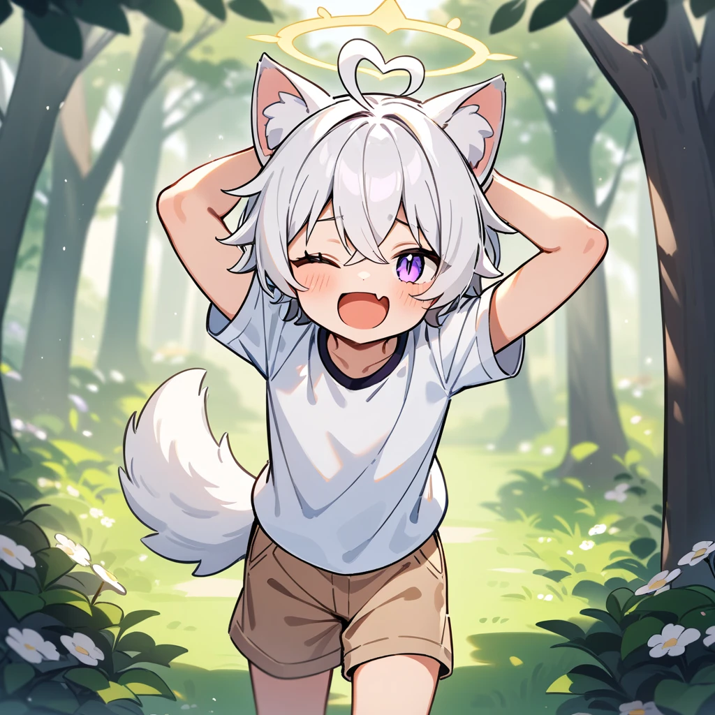 （masterpiece：1.2，high quality），4K，High resolution，A seven-year-old boy，cute boy， white hair，short hair，crossed bangs，purple eyes，slit pupils，one eye closed，heart ahoge，yellow halo，cat ears，laughing，skin fang，Wearing a white shirt，light brown shorts，Stand in the forest，There are flowering trees on both sides.，primary school student，thigh，alone，dog tail，Put your hands behind your head，（Put your hands behind your head）