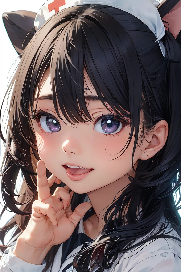 Anime style close-up portrait、Young female character with long purple hair and large expressive eyes、チャイナドレスにインスパイアされたWhite nurse uniformを着用、Red trim and frog buttons、Cute pose with one hand raised near the face、slightly tilted head、A kind smile、Colorful background with cartoon effect、Cat Pose、Sticking out tongue、Cross-eyed、Ahegao、White nurse uniform