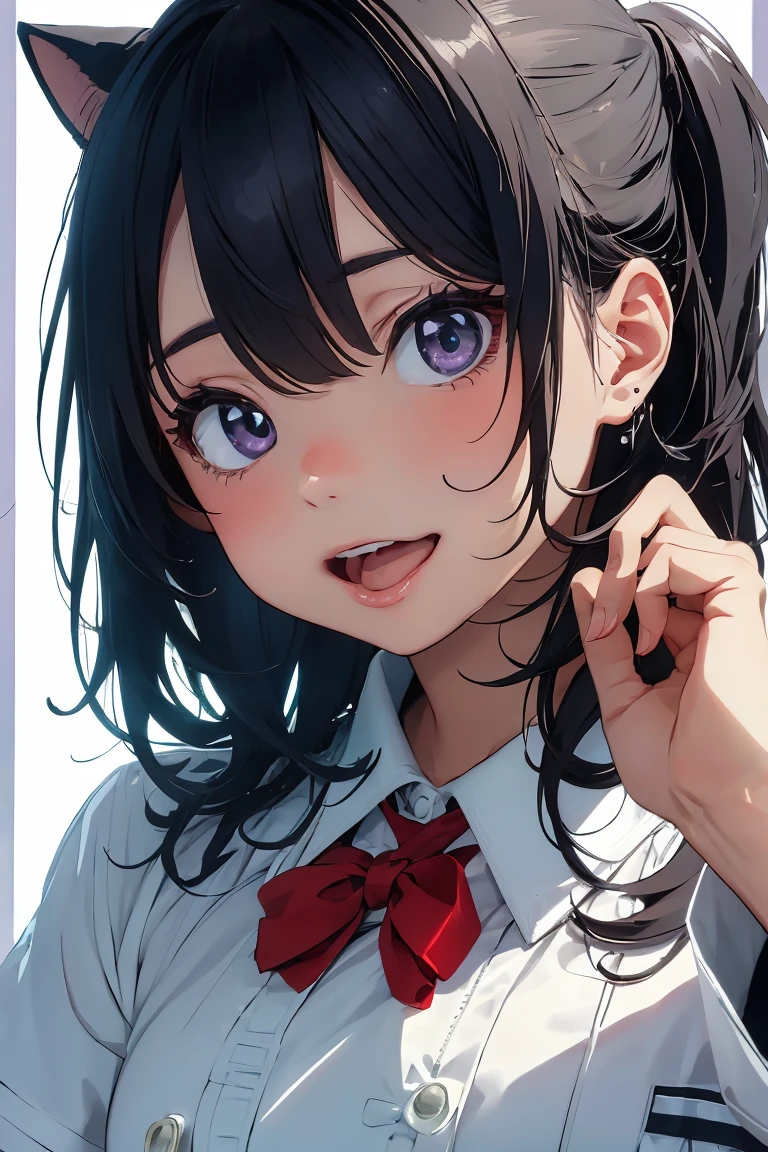 Anime style close-up portrait、Young female character with long purple hair and large expressive eyes、チャイナドレスにインスパイアされたWhite nurse uniformを着用、Red trim and frog buttons、Cute pose with one hand raised near the face、slightly tilted head、A kind smile、Colorful background with cartoon effect、Cat Pose、Sticking out tongue、Cross-eyed、Ahegao、White nurse uniform