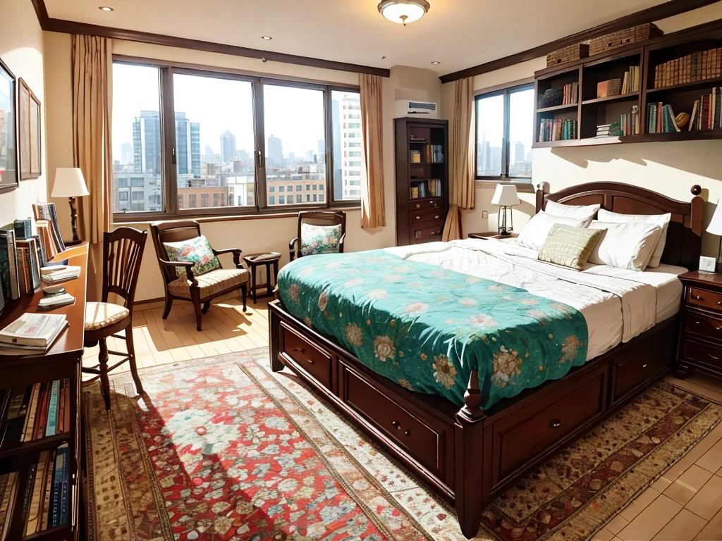 8K picture quality,Best quality,masterpiece,HD,Super rich detail,detailed,Comfortable bedroom,Large Windows,Floor-to-ceiling windows,big bed,There are pillows on the bed,Quilt,Essas roupas,notebook,There is a cabinet next to it,There are bookcases,There is a table,There are chairs,There are flowers,There is a wardrobe,There are carpets,There are many books,Overall very comfortable,extremely clean,very useful,Large Windows,The scenery outside the window,It is the city's tall buildings,街道风景超HD真实感,Live photos