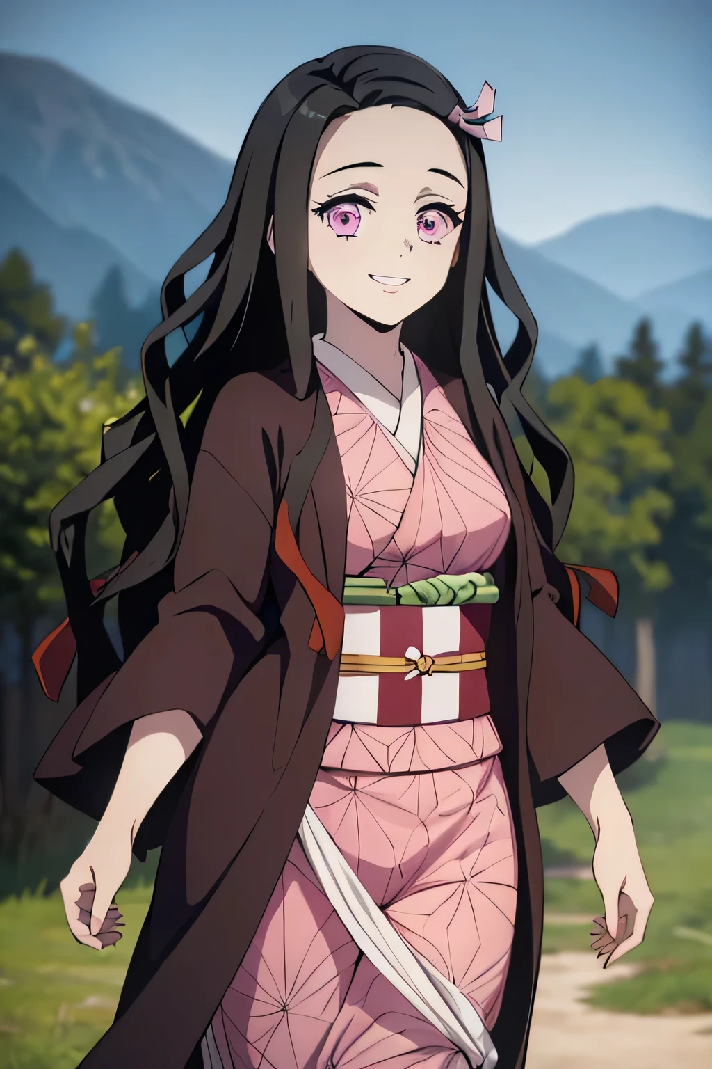 (masterpiece:1.3), (best quality:1.1), (8k, ultra detailed, ultra high res:1.2), ((anime style)), perfect 5 fingers, perfect anatomy, 1girl, Kamado Nezuko, long wavy black hair, pink eyes, ribbon, small breasts, pink kimono, brown haori, obi, beautiful detailed eyes, beautiful detailed lips, extremely detailed eyes and face, long eyelashes, smiling and looking at viewer, cowboy shot, outdoor setting, fantasy background