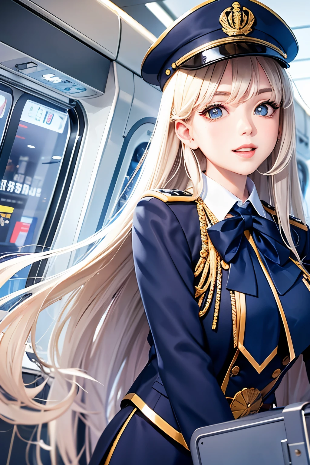 Create an illustration of a cabin attendant with long hair, big eyes, and a friendly smile. The attendant is wearing a navy blue uniform with white accents, including a white blouse and a bow tie. The uniform has gold buttons and the attendant is wearing a matching navy blue cap with gold detailing. The background should be the interior of an airplane cabin, with visible seats, windows, and overhead compartments, suggesting the attendant is in their work environment.

