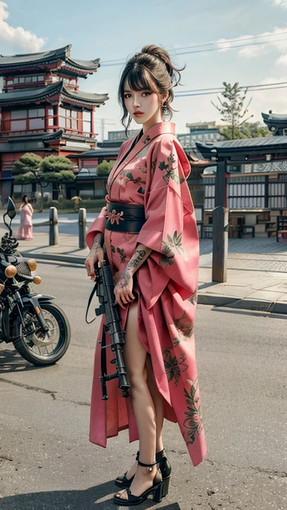 Beautiful Chinese woman, (16 years old), pretty face, red lips, white moisturized skin,
BREAK,
Athletic feminine body, Female fitness model body, Hard-toned feminine body, (muscles: 1.2), (beautiful navel),
BREAK,
Mixed martial arts, Kung fu, Idol,
BREAK,
(wearing cute kimono: 1.3), (red high heels 1.3), necklace, very large earrings, short length,
BREAK,
Short hair, (bob hair), (bangs: 1.2), (pink hair), (wavy hair),
BREAK,
(holding a very large machine gun, finger on machine gun trigger, standing with a very large machine gun, raising a very large machine gun: 1.4), (getting into a fighting position),
BREAK,
(large tattoo, 80% of body covered in Japanese tattoos: 1.4),
BREAK,
Masterpiece, perfect lighting, ultra-high resolution, 8K, (Very detailed: 1.4), (front view), looking at camera, melancholic expression,
BREAK,
(Tokyo city, many people in background), Tokyo city background,