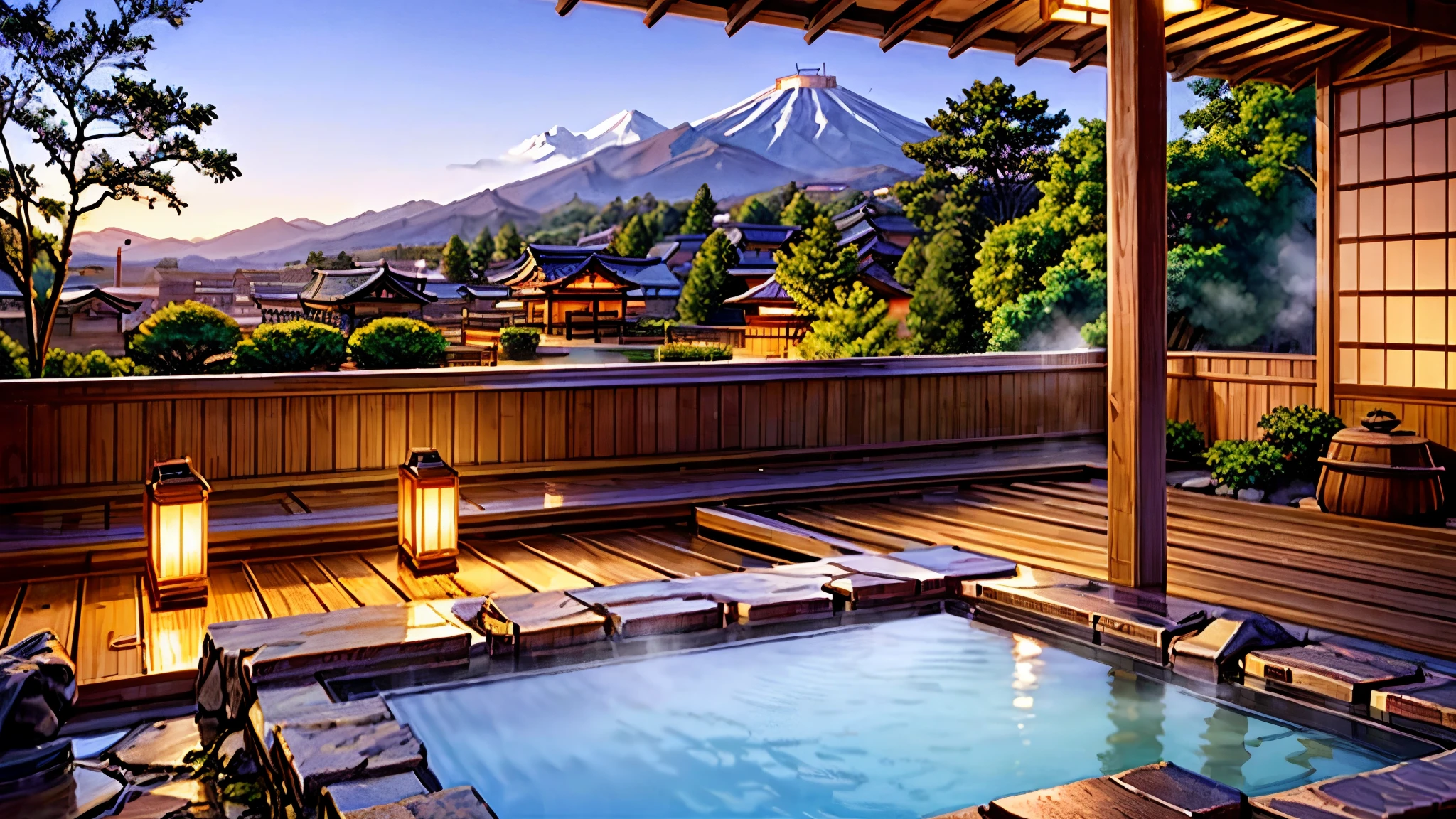 A spectacular view from the inn、Summer Japanese traditional hot spring, dawn, Dim Light, detailed, Realistic, ((masterpiece)), Hot steam, Wooden bucket, forest, bamboo,  Soft lighting,  (masterpiece:1.2),  (Highest quality)