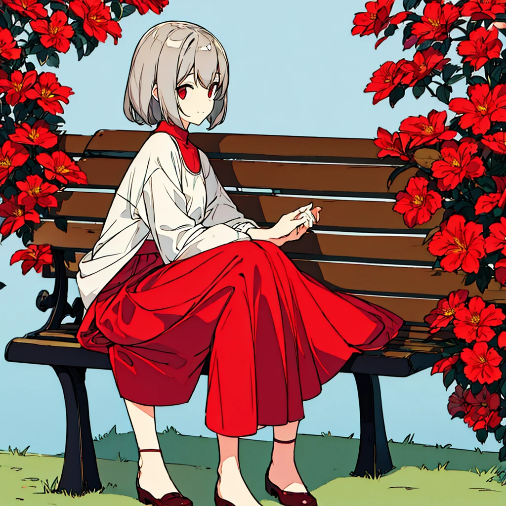 Light gray background Woman sitting on bench Red flowers Simple