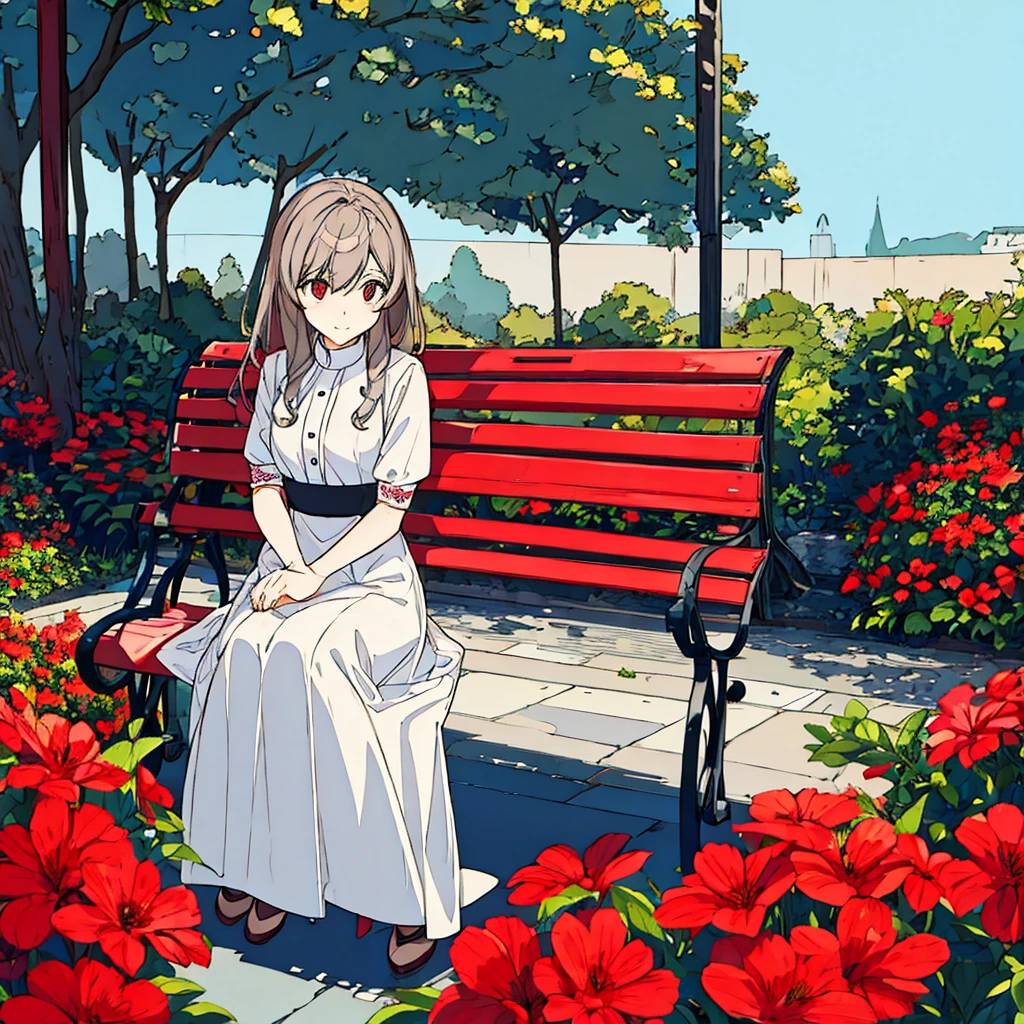 Light gray background Woman sitting on bench Red flowers Simple