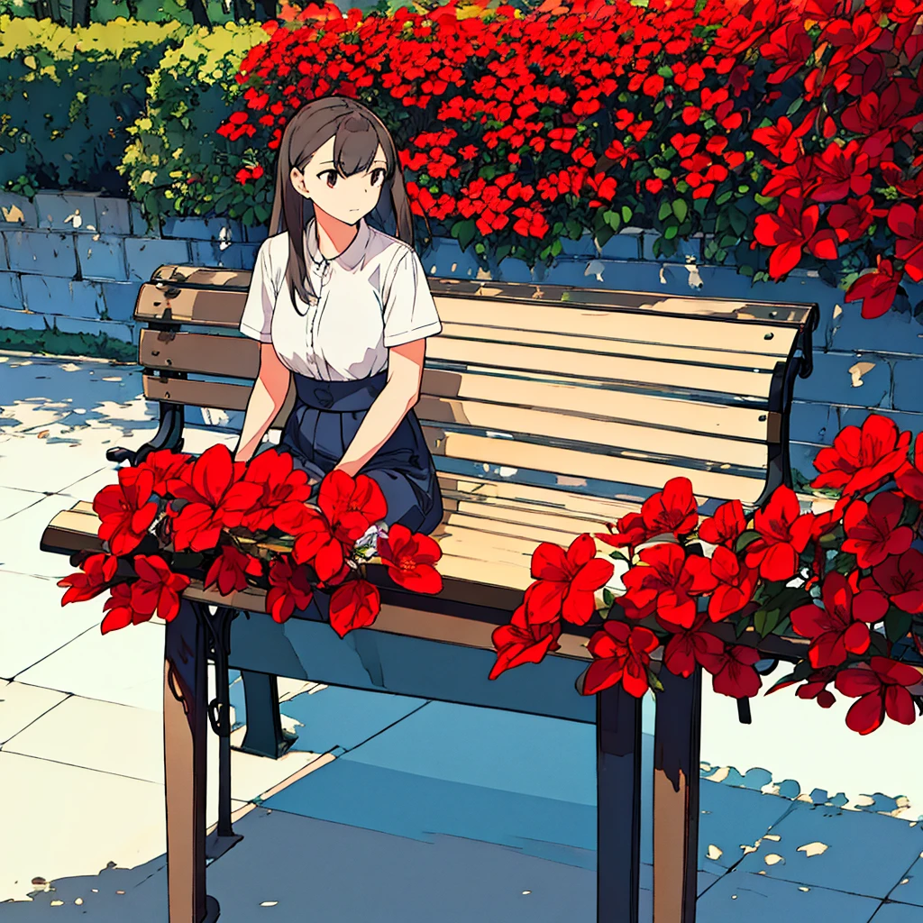 Light gray background Woman sitting on bench Red flowers Simple　