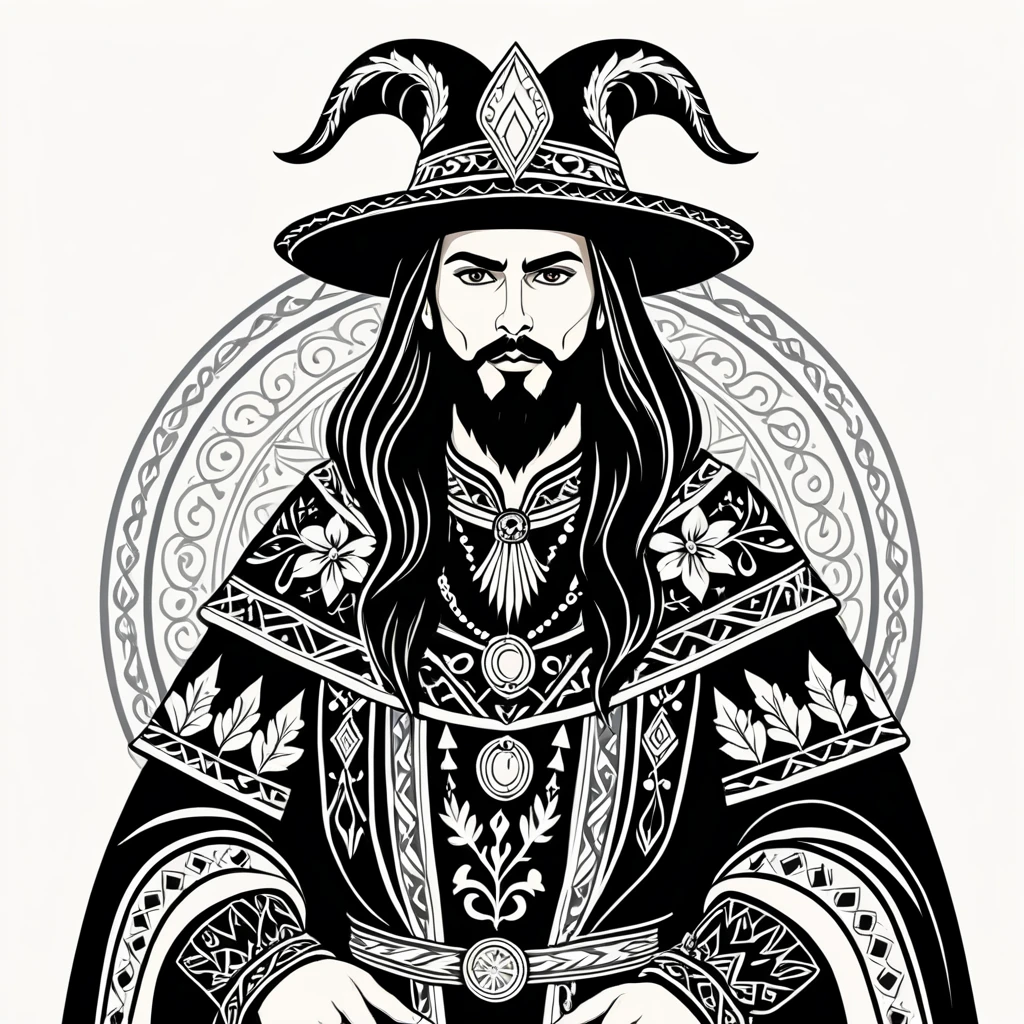 hungarian warlock in nordic folk outfit, vector graphics, strong contours