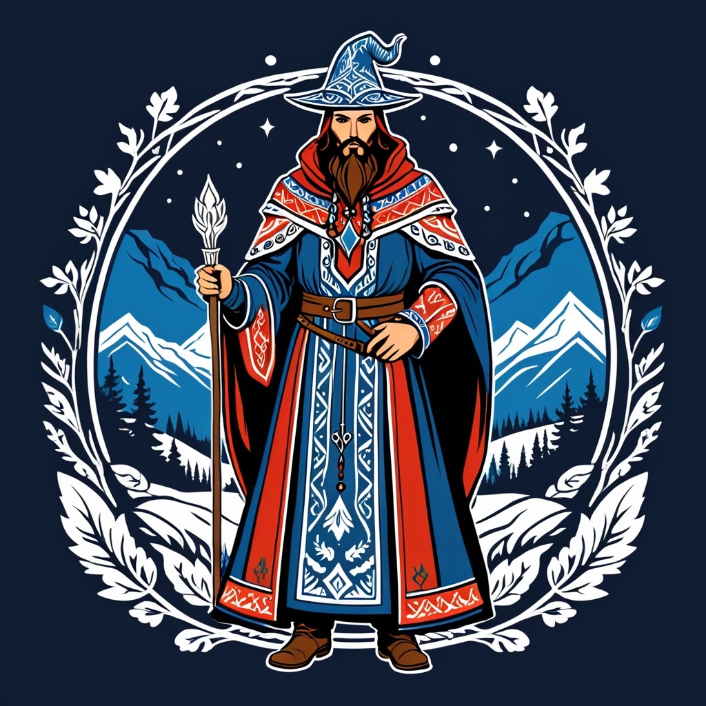 hungarian warlock in nordic folk outfit, vector graphics, strong contours
