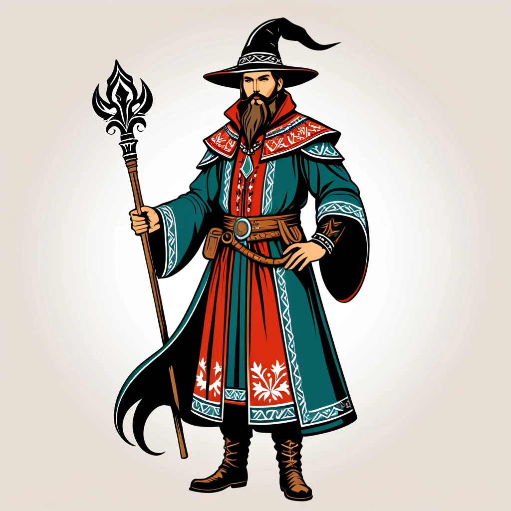 hungarian warlock in nordic folk outfit, vector graphics, strong contours
