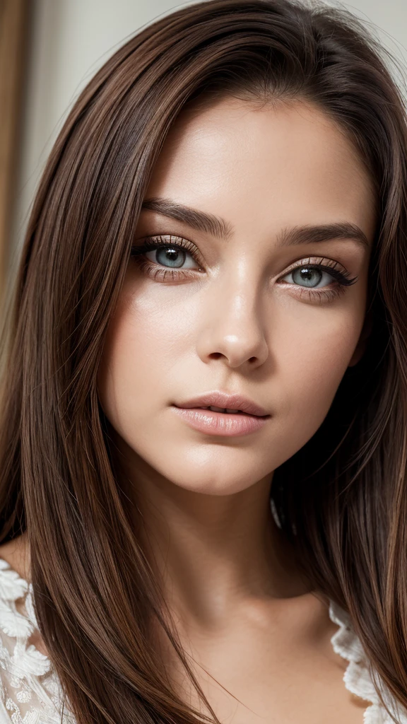 Portrait d'une femme avec un visage magnifique, visage harmonieux, grand yeux marrons clair, bouche pulpeuse, traits fins, élégante, ultra réaliste