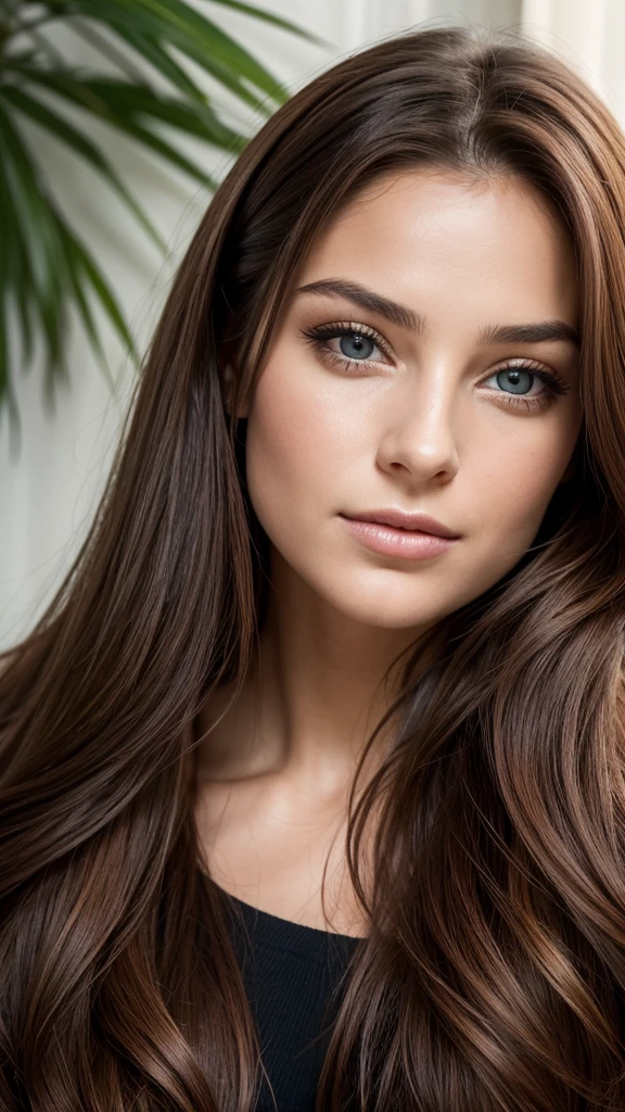 Portrait d'une femme avec un visage magnifique, visage harmonieux, grand yeux marrons clair, bouche pulpeuse, traits fins, élégante, ultra réaliste 