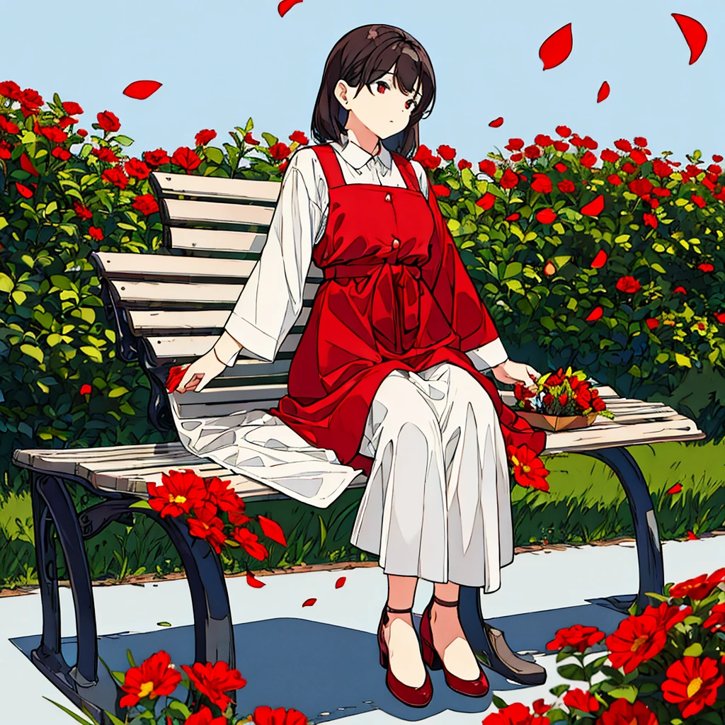 Light gray background Woman sitting on bench Red flowers Simple